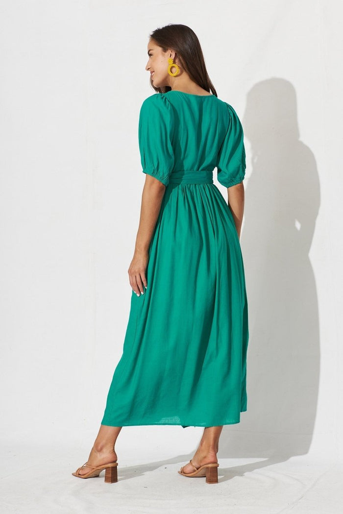 Brayne Maxi Wrap Dress In Turquoise Linen Blend - St Frock (Dev)