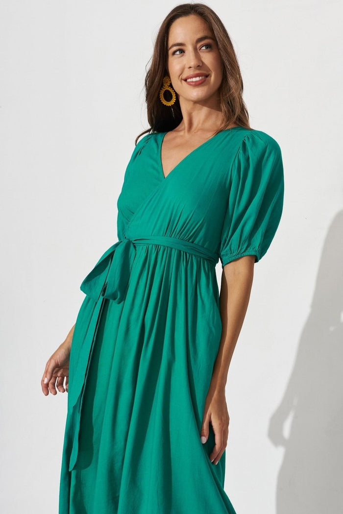 Brayne Maxi Wrap Dress In Turquoise Linen Blend - St Frock (Dev)