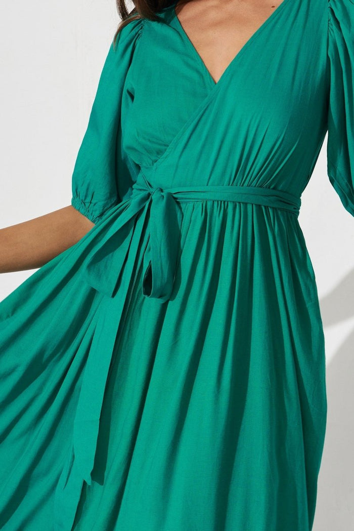 Brayne Maxi Wrap Dress In Turquoise Linen Blend - St Frock (Dev)