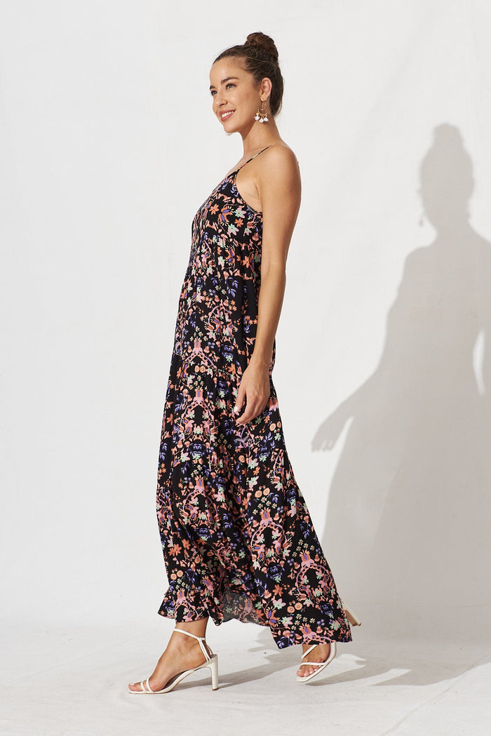Adelita Maxi Dress In Black With Apricot Floral - side