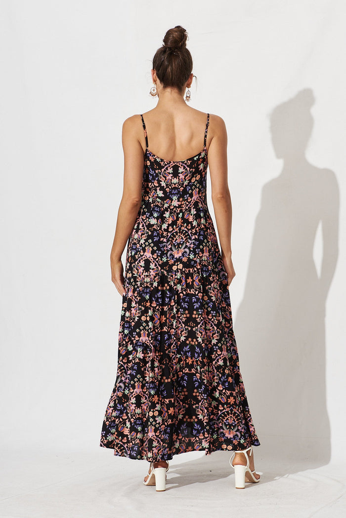 Adelita Maxi Dress In Black With Apricot Floral - back