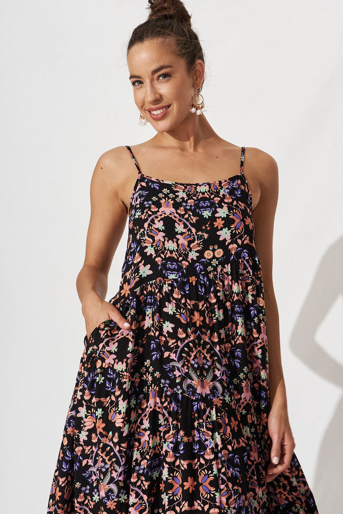 Adelita Maxi Dress In Black With Apricot Floral - front