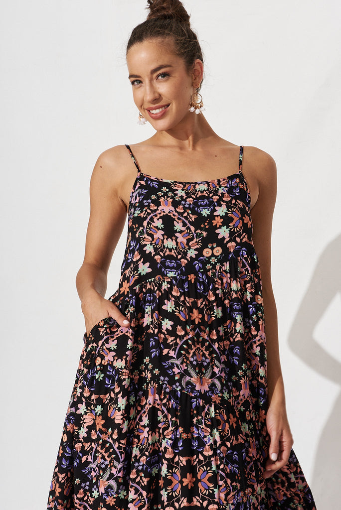 Adelita Maxi Dress In Black With Apricot Floral - front