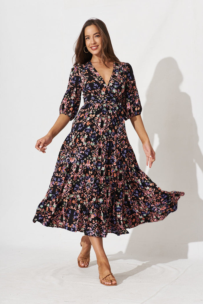 Fella Maxi Wrap Dress In Black With Apricot Floral - full length