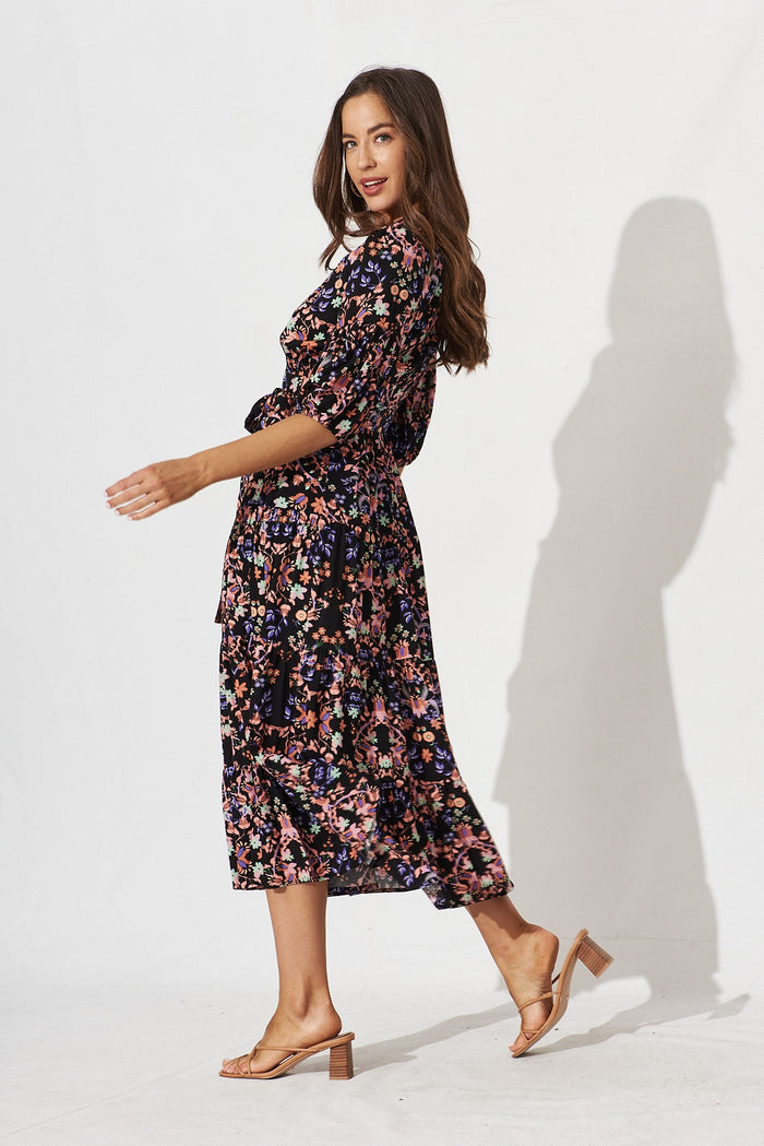Fella Maxi Wrap Dress In Black With Apricot Floral - side