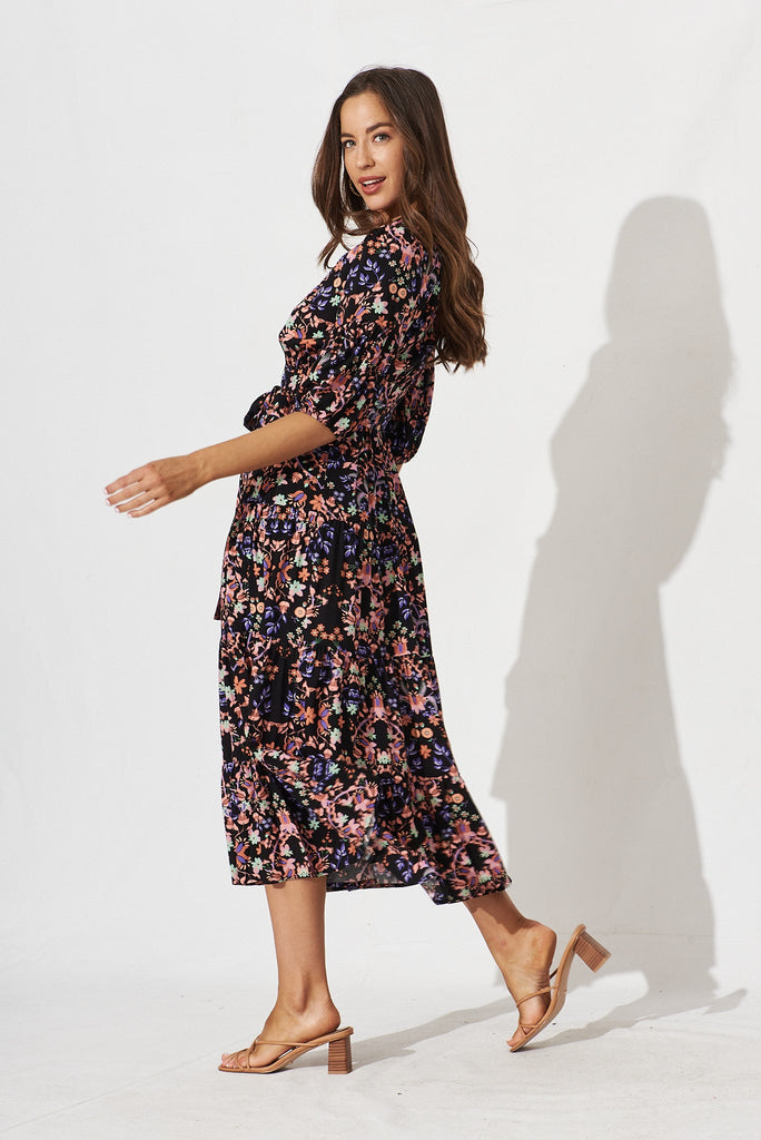 Fella Maxi Wrap Dress In Black With Apricot Floral - side