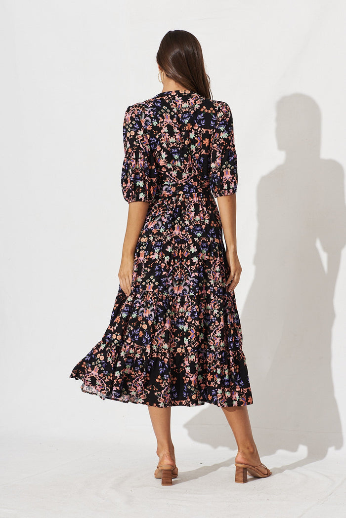 Fella Maxi Wrap Dress In Black With Apricot Floral - back