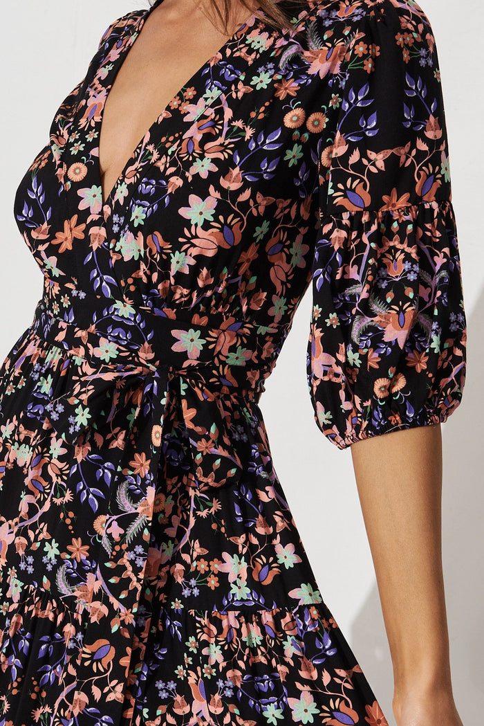 Fella Maxi Wrap Dress In Black With Apricot Floral - detail
