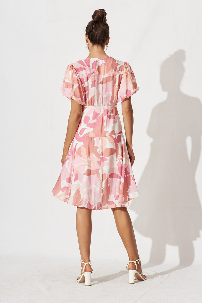 Kienna Dress In White With Pink Multi Leaf Print - back