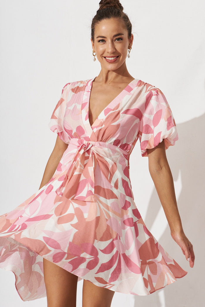 Kienna Dress In White With Pink Multi Leaf Print - front