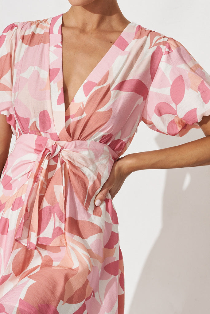 Kienna Dress In White With Pink Multi Leaf Print - detail