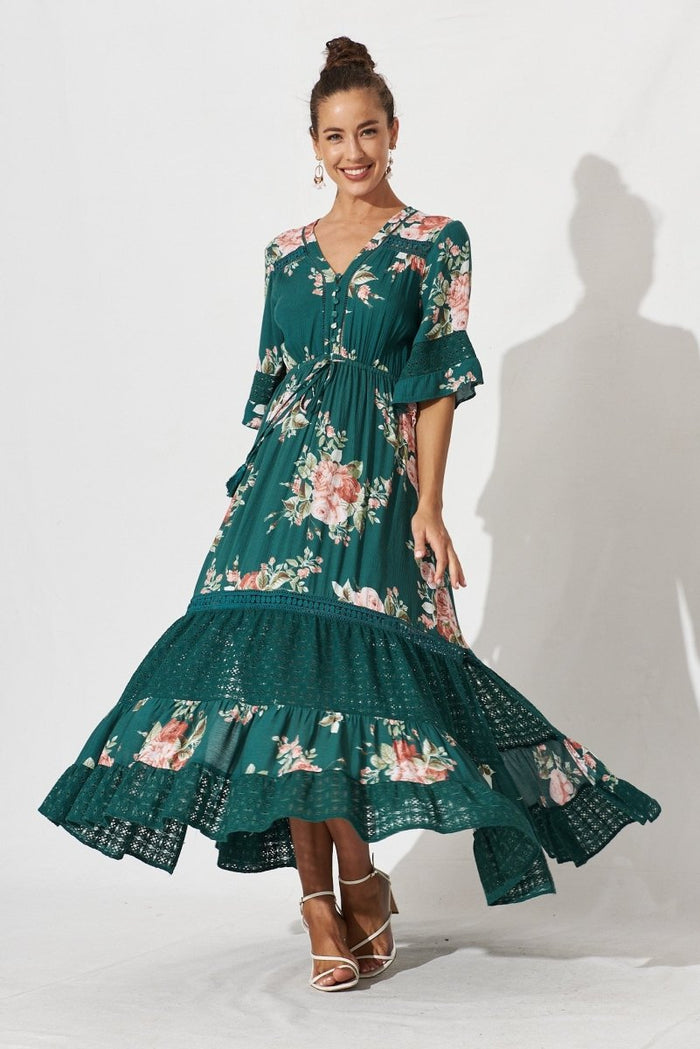 Carry Maxi Dress In Emerald With Beige Boho Floral - St Frock (Dev)