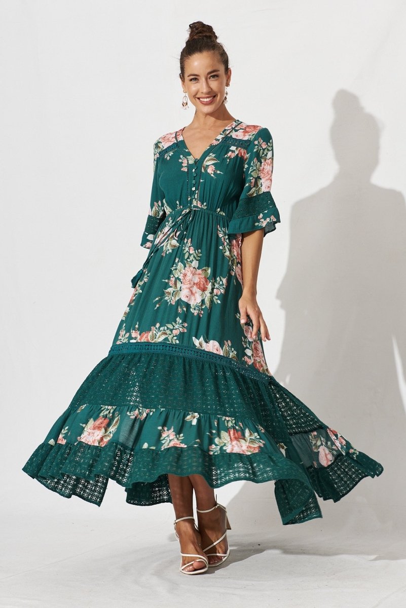 Carry Maxi Dress In Emerald With Beige Boho Floral - St Frock (Dev)