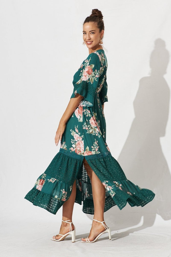 Carry Maxi Dress In Emerald With Beige Boho Floral - St Frock (Dev)