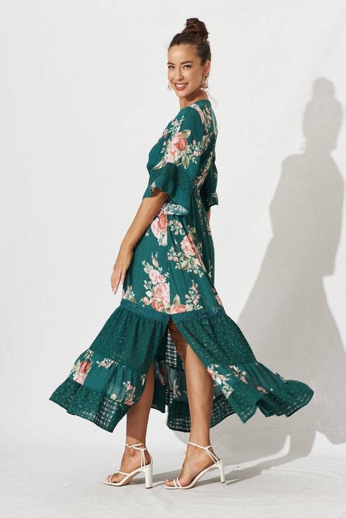 Carry Maxi Dress In Emerald With Beige Boho Floral - St Frock (Dev)