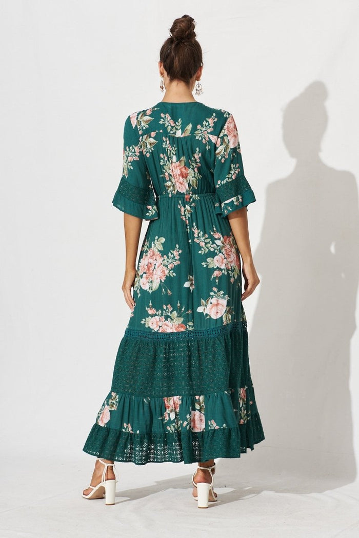 Carry Maxi Dress In Emerald With Beige Boho Floral - St Frock (Dev)