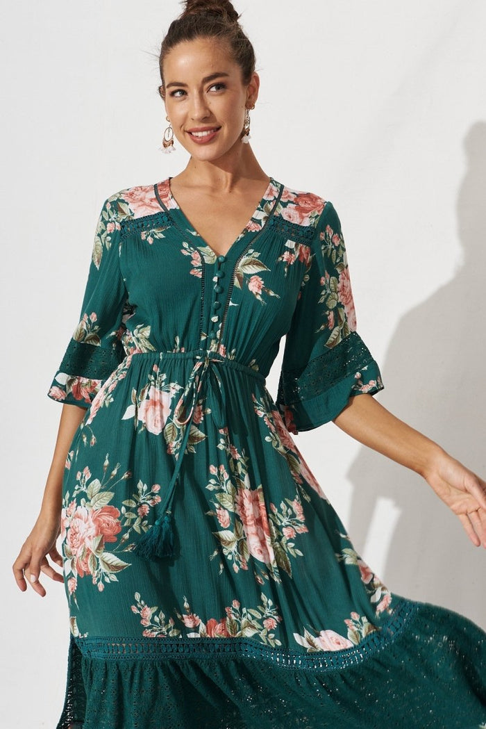 Carry Maxi Dress In Emerald With Beige Boho Floral - St Frock (Dev)