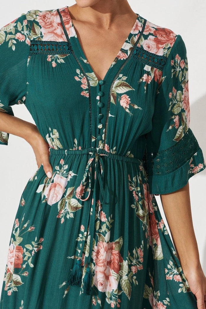 Carry Maxi Dress In Emerald With Beige Boho Floral - St Frock (Dev)