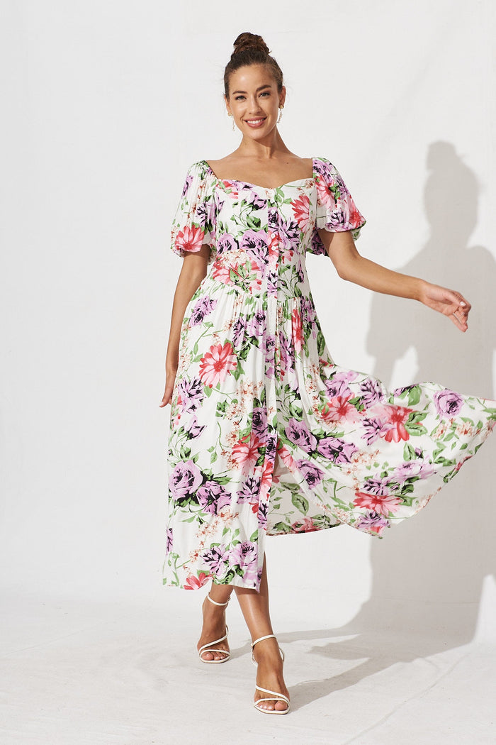 Dansy Maxi Dress In White With Multi Floral - full length