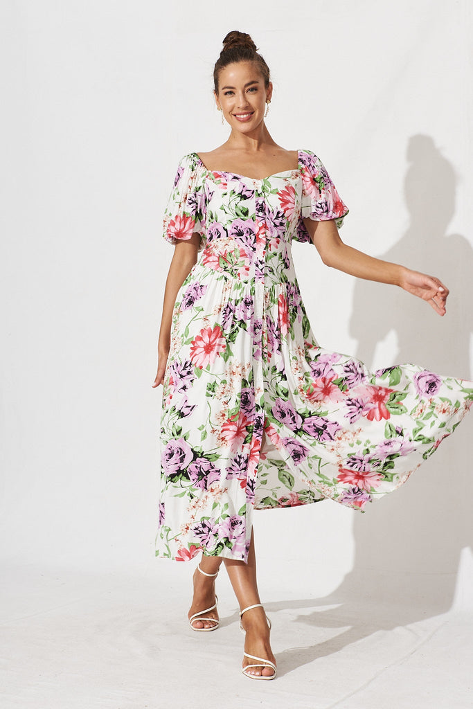 Dansy Maxi Dress In White With Multi Floral - full length
