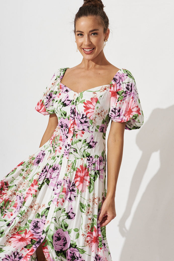 Dansy Maxi Dress In White With Multi Floral - front
