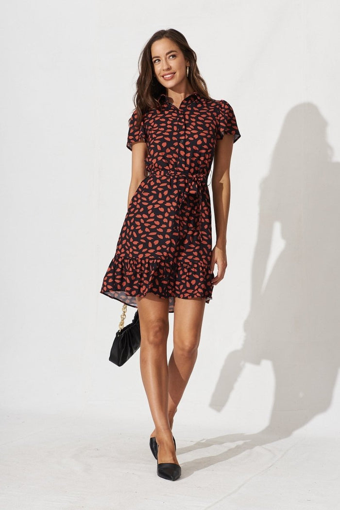 Charlotte Shirt Dress In Black With Rust Leaf - St Frock (Dev)