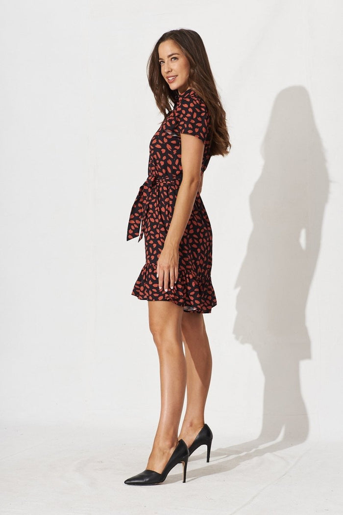 Charlotte Shirt Dress In Black With Rust Leaf - St Frock (Dev)