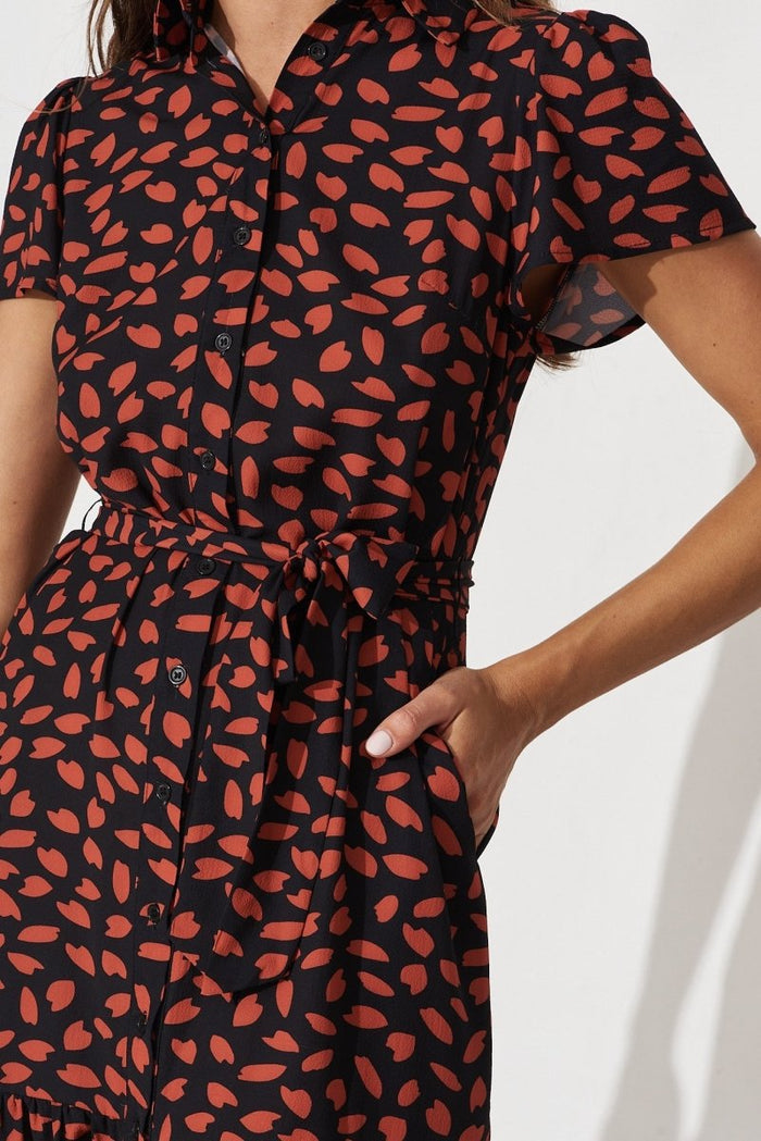 Charlotte Shirt Dress In Black With Rust Leaf - St Frock (Dev)