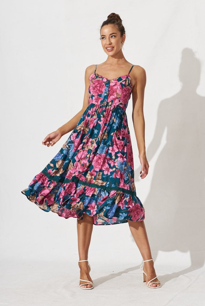 Cherry Midi Sun Dress In Teal Floral - St Frock (Dev)