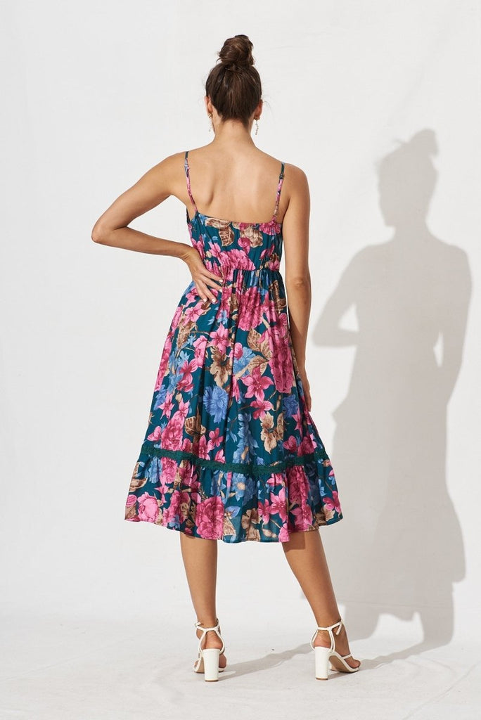 Cherry Midi Sun Dress In Teal Floral - St Frock (Dev)