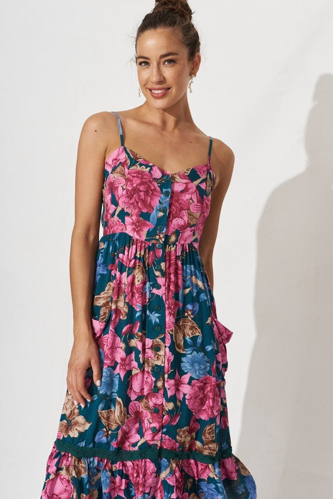 Cherry Midi Sun Dress In Teal Floral - St Frock (Dev)