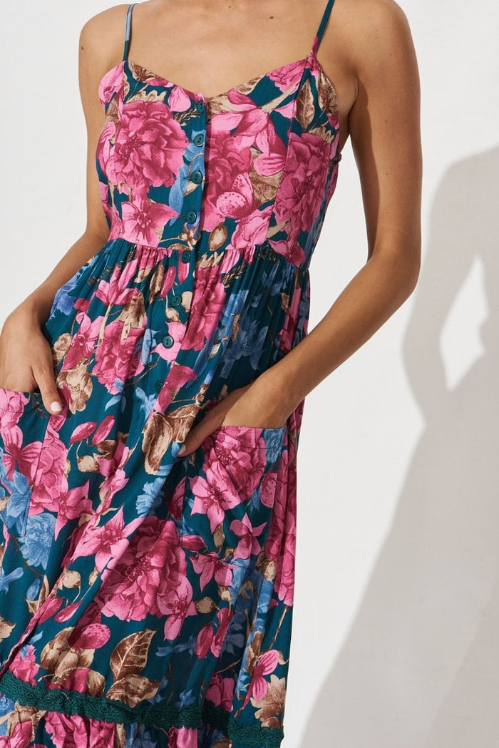Cherry Midi Sun Dress In Teal Floral - St Frock (Dev)