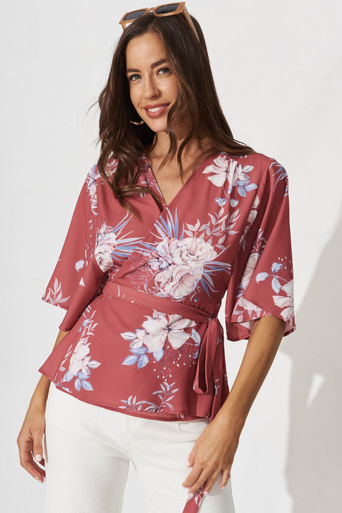 Pippa Wrap Top In Rust With Blush Floral - front