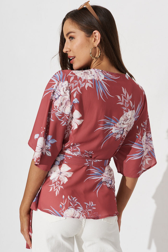 Pippa Wrap Top In Rust With Blush Floral - back
