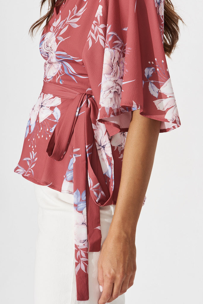 Pippa Wrap Top In Rust With Blush Floral - detail