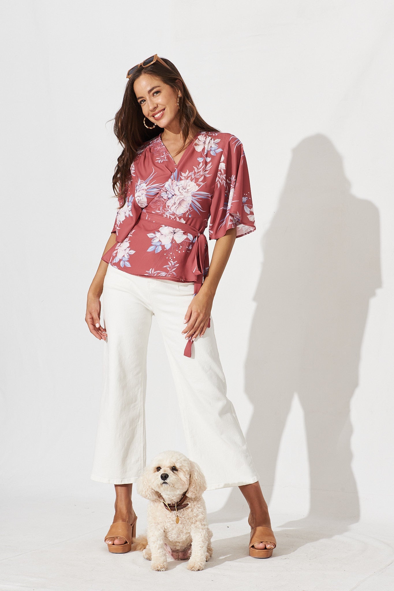 Pippa Wrap Top In Rust With Blush Floral - full length