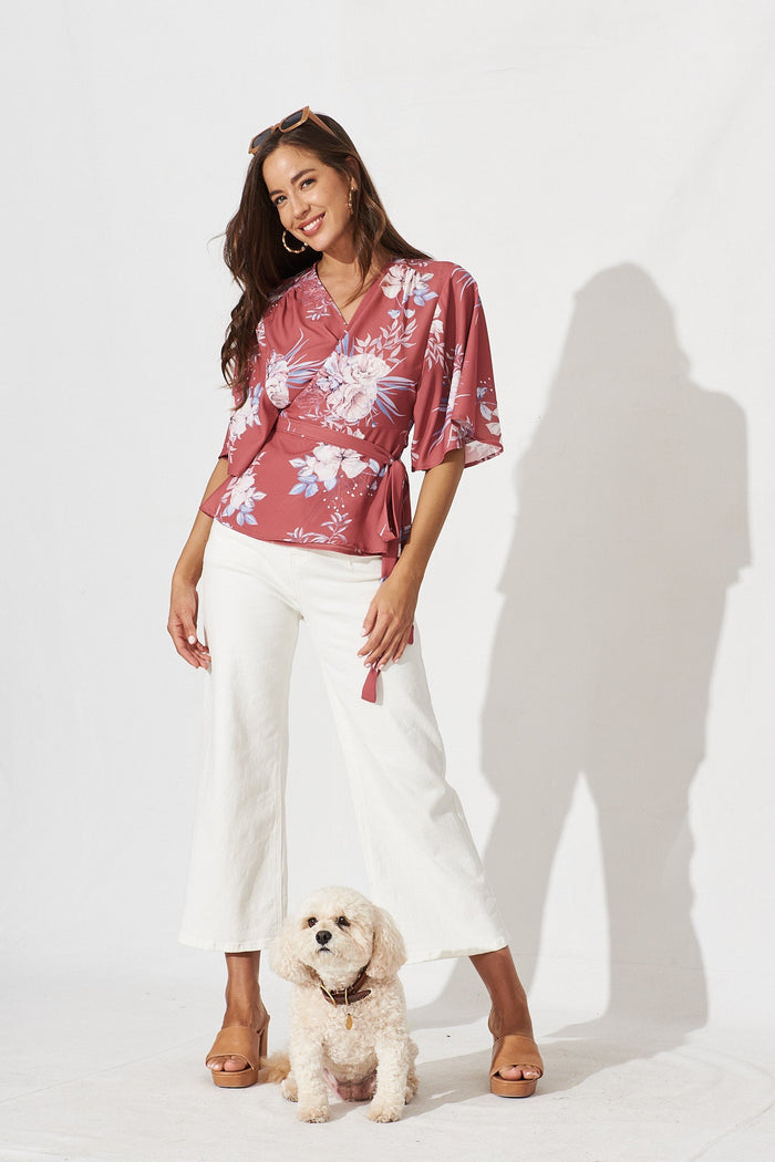 Pippa Wrap Top In Rust With Blush Floral - full length