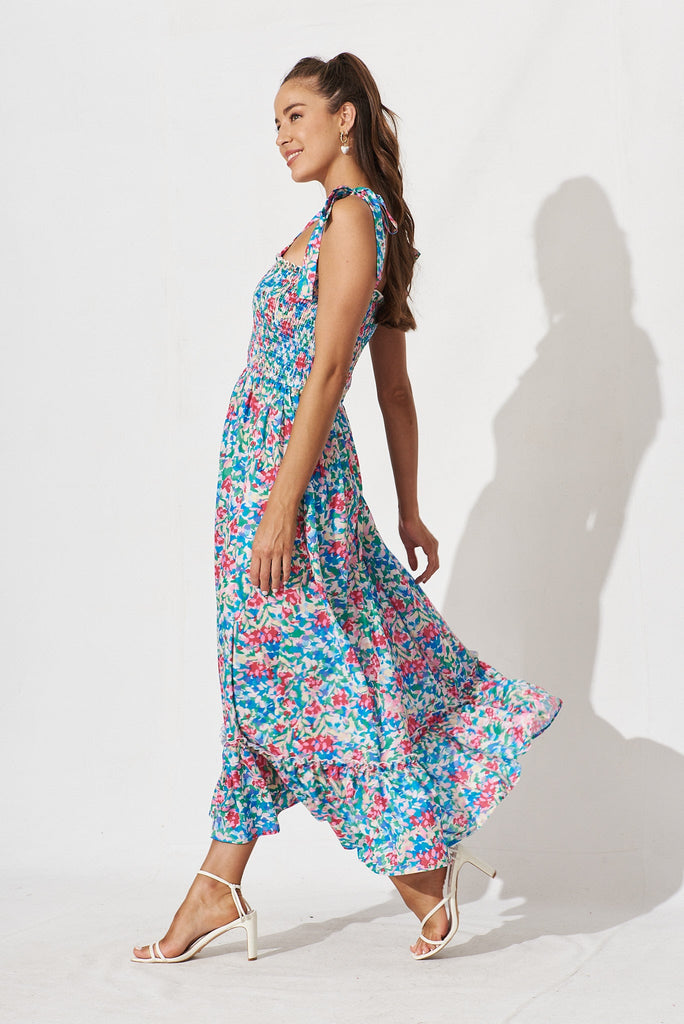Malen Maxi Sundress In Blue And Pink Multi Floral - side