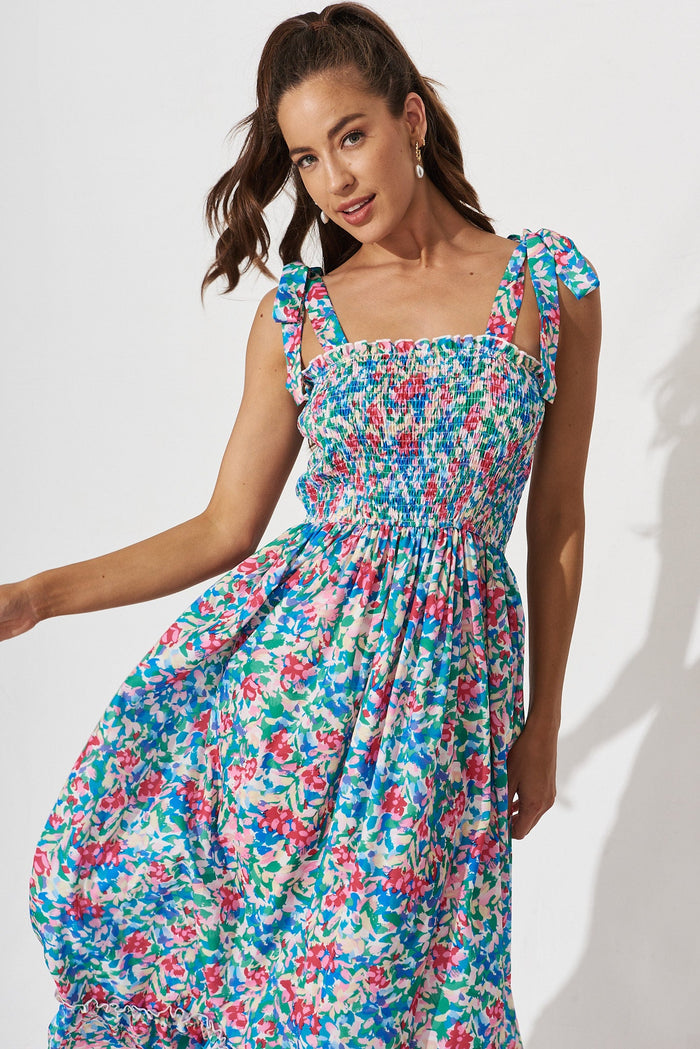 Malen Maxi Sundress In Blue And Pink Multi Floral - front