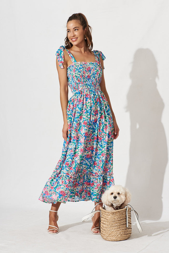 Malen Maxi Sundress In Blue And Pink Multi Floral - full length