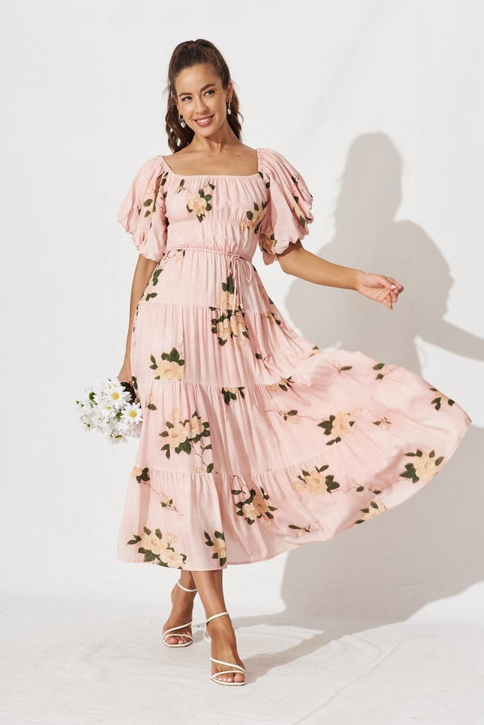 Charly Midi Dress In Blush With Beige Floral - St Frock (Dev)