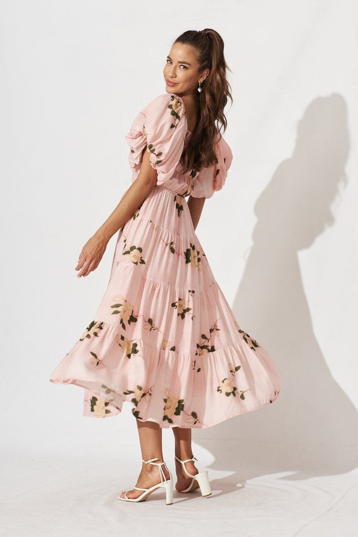 Charly Midi Dress In Blush With Beige Floral - St Frock (Dev)