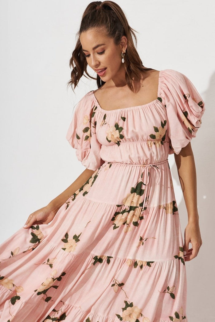Charly Midi Dress In Blush With Beige Floral - St Frock (Dev)