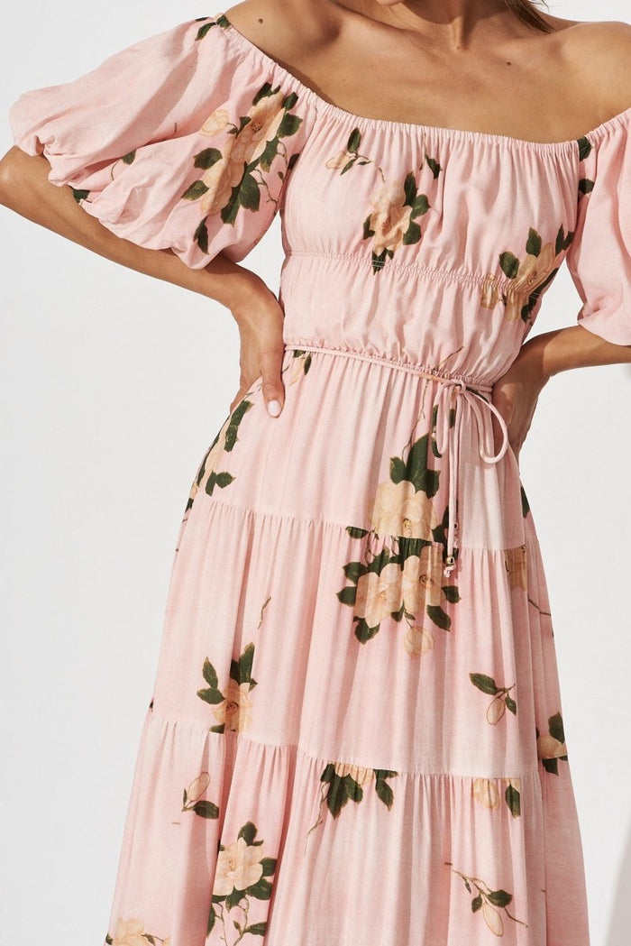 Charly Midi Dress In Blush With Beige Floral - St Frock (Dev)