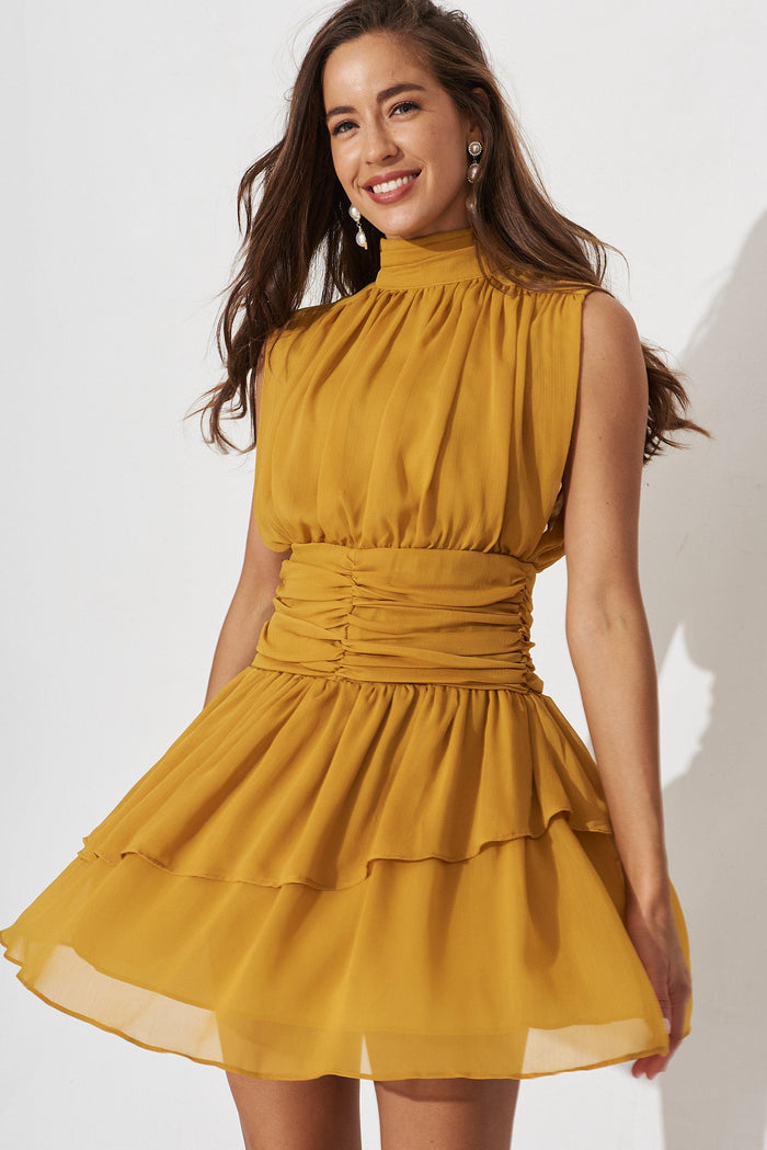 Rosal Dress In Mustard Chiffon - front