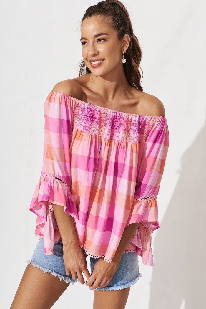 Ezekiel Blouse In Pink With Purple Gingham - front