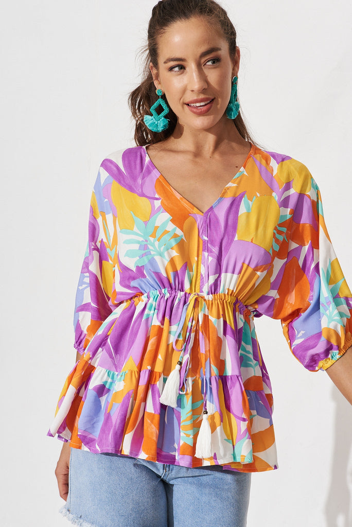 Ellen Top In White Tropical Multi - front