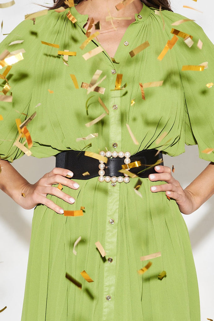 August + Delilah Misty Stretch Belt In Black With Pearl Buckle - St Frock (Dev)