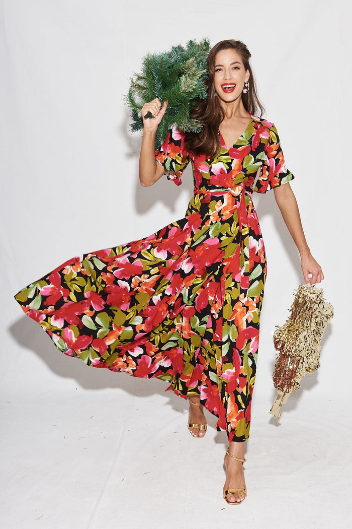 Rondal Maxi Wrap Dress In Black With Multi Floral