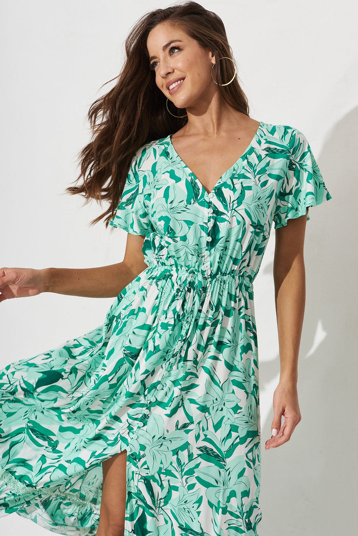 Welly Maxi Dress In Cream With Green Floral